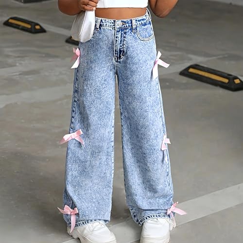 Girl's Bowknot Elastic Waist Denim Pants Straight Wide Leg Jeans with Pockets for 1-10 Years3