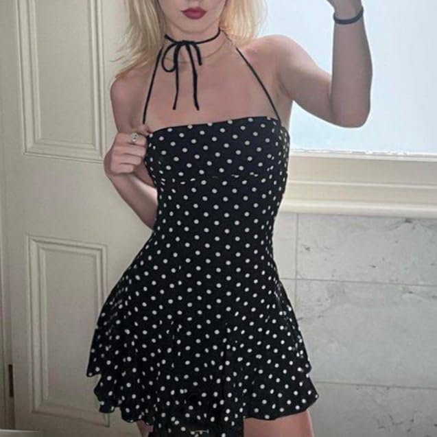 Women’s Black White Polka Dot Halter Neck Mini Dress Ruffled Hem Vintage Summer Party Outfit 2025 - Image 3