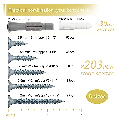 High-Hardness-Wood-Screws-Assortment-Kit-and-Plastic-Wall-Anchors-203-pcs-12-to-1-12-Phillips-Drive-Flat-Head-Screws-30-pcs-M6-Drywall-Anchors