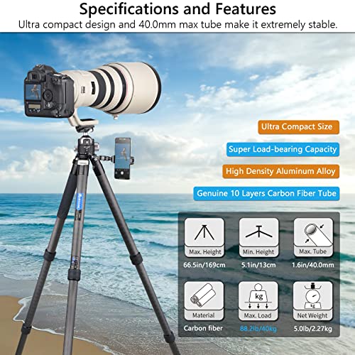 Carbon Fiber Camera Tripod Monopod 40Mm Tube Diameter Heavy Duty Camera Tripod Monopod Professional Travel Tripod Monopod For Heavy Duty Camera, Video Camcorder, Max Load 88Lb/40Kg(Cs90C) #TOP2