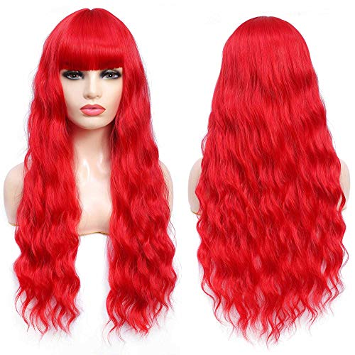 COSYMAY Red Wig 26'' Synthetic Wig with Bangs for Women Long Wavy Halloween Wigs