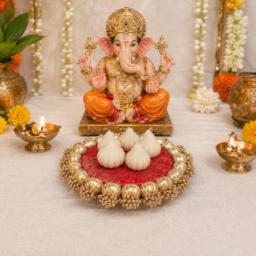 Image of SATYAM KRAFT 6 Pc Handmade Jhumki Platter (4 Inch) with Gota Patti & Golden Moti | Ganpati & Janmashtami Decoration, Festive Home Decor, Pooja Setup, Table Centerpiece & Gifting Item