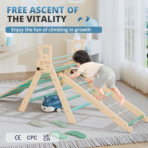 Image of BlueWood 10-in-1 Pikler Triangle Set, Toddler Climbing Toys Indoor, Montessori Climber, Baby Jungle Gyms with Arch, Extra Rope Ladder & Footprint Balance Beam - Emerald Forest