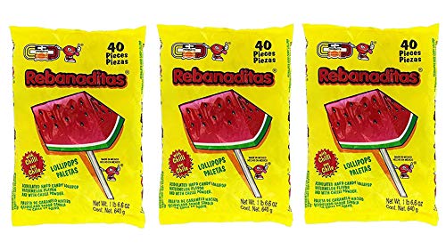 Dulces Vero IMPORTED ( 3 PACK ) Rebanadita Rebanaditas Paletas Sabor Fresa Sandia Con Chile Mexican Hard Candy Chili Pops 40 Pc (3 Pack)