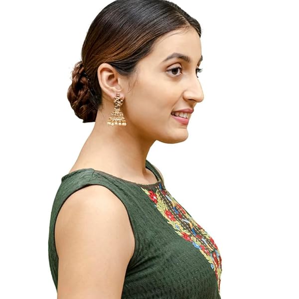 Shining Jewel Traditional Indian Matte Gold Oxidised CZ, Crystal Studded Temple Jhumka Earring For Women-Gold,Green (SJE_109_G_G) - Image 3