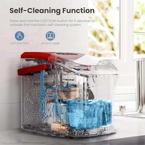 Image of Countertop Portable Ice Maker Machine with Handle, 9 Bullet-Shaped Ice Cubes Ready in 6 Mins, 26Lbs /24H, Self-Cleaning Function with Ice Scoop and Basket for Home /Kitchen /Party (Red)