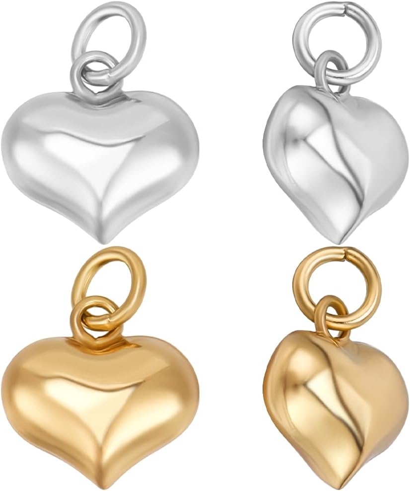 Beebeecraft 1 Box 2Pcs Puffed Heart Charms 925 Sterling Silver 3D Love Heart Pendants Charms 2 Colors for Necklaces Bracelets Jewelry Making (10x10mm)