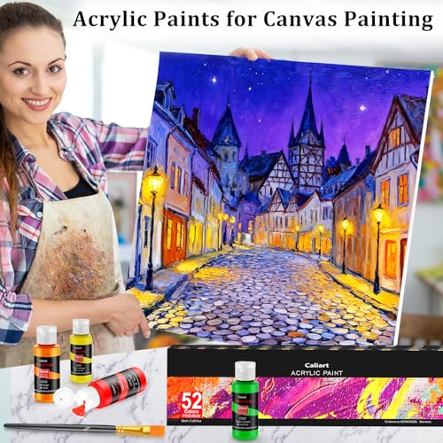 Image of Caliart 52 Colors Acrylic Paint Set with Painting Brushes | Craft Paints for Adults Artists Painters, Rich Pigment Non-toxic, Canvas Wood Rock Ceramic Art Supplies Kit