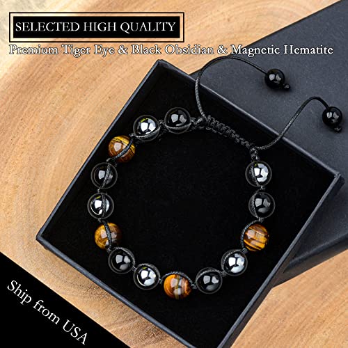 Triple Protection Bracelet, Genuine Tigers Eye Black Obsidian And Hematite 10Mm Beads Bracelet Gift For Men Women, Crystal Jewelry Healing Bracelets Bring Luck And Prosperity And Happiness #TOP1