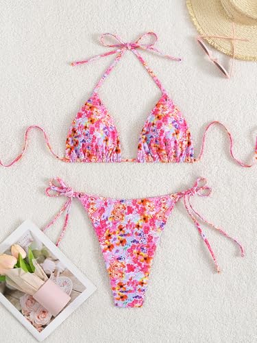 Image of Tainehs Women's Sexy Halter Thong Bikini Tie Two Sides Bottom Triangle Bikini Swimsuits