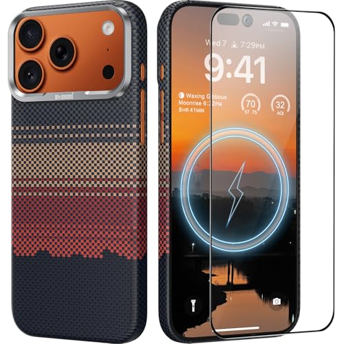 Coque aramide iPhone 17 Pro memumi haut de gamme protection écran MagSafe design soleil couchant