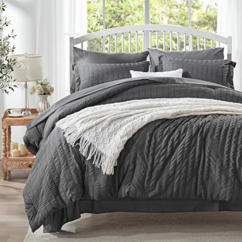 Image of Zzlpp Queen Comforter Set 7 pieces, Dark Grey Seersucker Bed in a Bag with Comforter and Sheets, All Season Bedding Sets with 1 Comforter, 2 Pillow Shams, 2 Pillowcases, 1 Flat Sheet, 1 Fitted Sheet