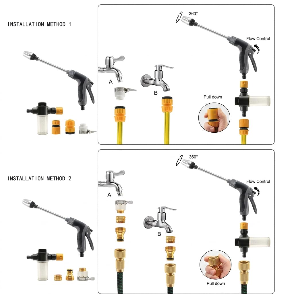 Aquoxis Pressure Washer, Handheld Power Washer with 360° Rotating Nozzle, 3 Spray Modes, Stainless Steel Universal Hose Fit, Tool-Free Installation (1 Set) (Black) — view 6