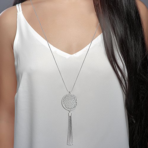 Moloch Long Necklaces For Woman Disk Circle Pendant Necklaces Tassel Fringe Necklace Set Statement Pendant (Silver) #TOP1
