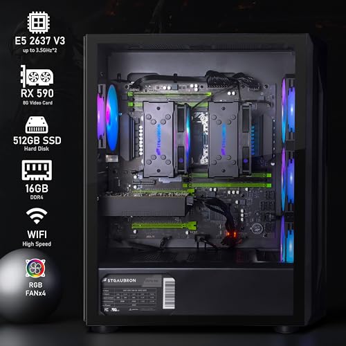 Image of STGAubron Dual CPU Gaming PC Desktop, Dual Intel i7 Xeon E5 up to 3.7GHz, Radeon RX 590 8G, 16G DDR4, 512G SSD, 600M WiFi, BT 5.0, RGB Fan x4, Windows 11 Pro