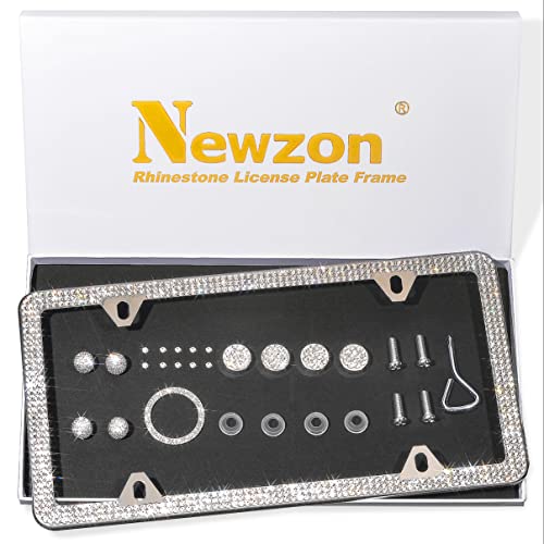 Newzon 1 Pack Bling Diamond License Plate Frames, 4 Holes Thin Sparkly Glass Rhinestones License Plate Frame for Women, Man, Stainless Steel License Plate Holder, Licence Plate Accessories