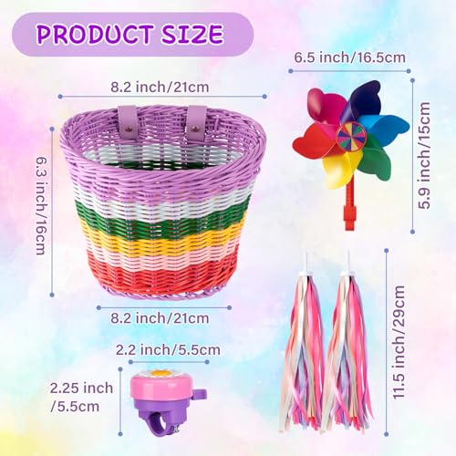 Bike Basket Kids, Rainbow Bike Basket Front Bike Accessories for Girl Boys, Woven Bicycle Basket with Stickers, Bike Bell, Windmill, and 1pairs Colorful Ribbons Tassels(Rainbow Basket) - Thumbnail 2