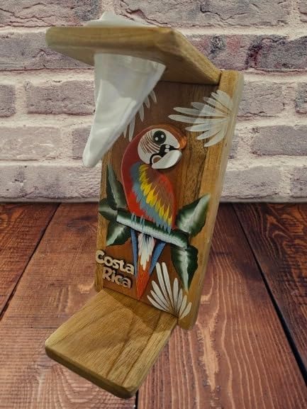 Tapanti store.Chorreador,Costa Rican handcrafted foldable wooden pour-over coffee maker.Includes a reusable cloth filter.Embedded Macaw wooden hand painted design.Light Cedar.Perfect for travel
