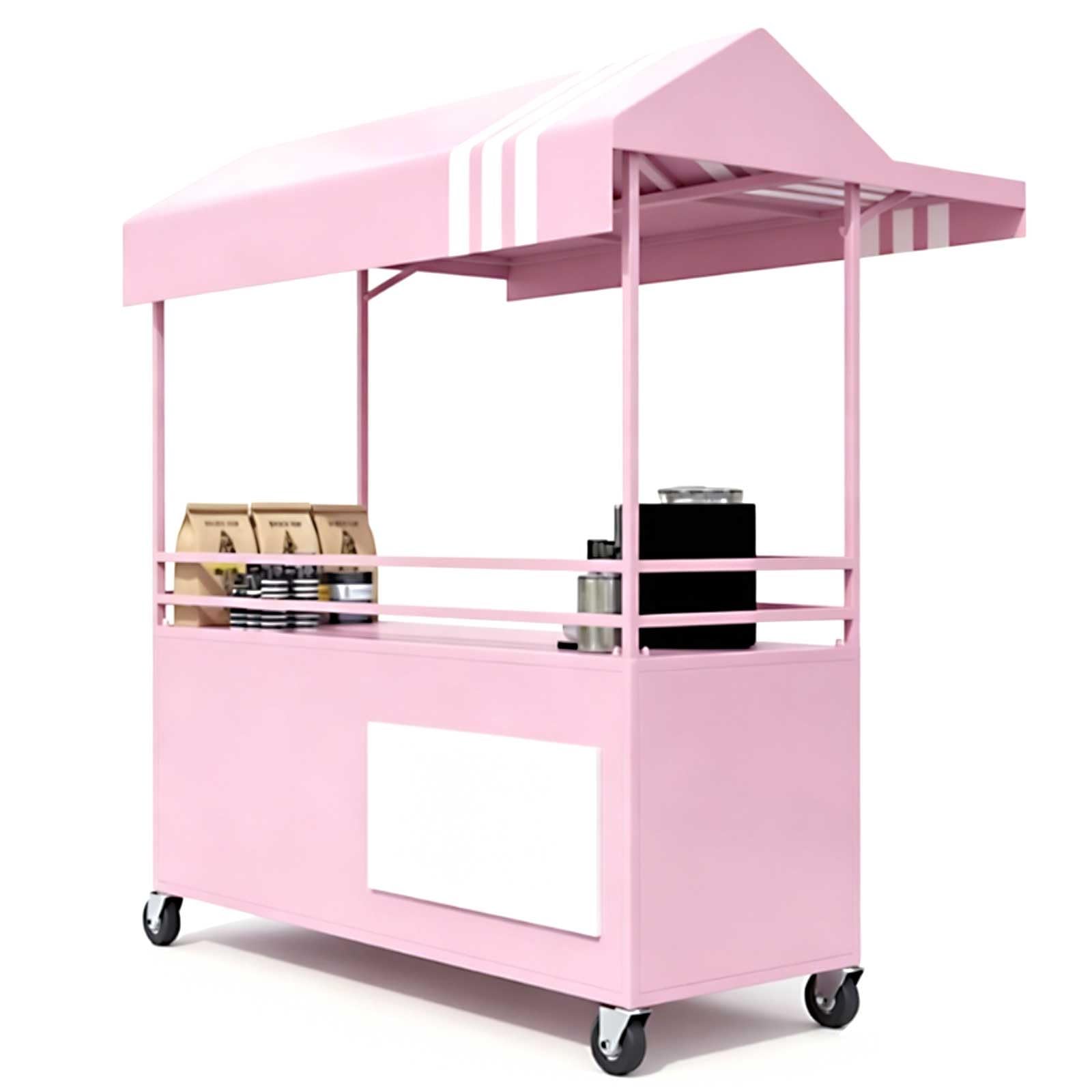 Przenośny, Mobilny Uliczny Sprzedawca Jedzenia z Poszerzonym Daszkiem, Stojak na Słodycze z Kółkami na Imprezy, Targi, Ulice(Pink,160cm/63in)