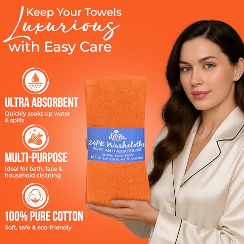 Image of DAN RIVER 24 Pack Wash Cloths for Showering [12x12] - 100% Cotton Washcloths Premium Quality Flannel Face Cloths for Bathroom, Highly Absorbent and Soft Feel Wash Clothes, Orange