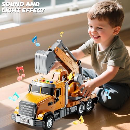 JUKUDAHU Excavator Toys for Boys Aged 3-5 4-6, Play Excavator with Light and Sound, Toy Truck Construction Vehicles Cars for Kids 3-4 4-7 Years Old, Birthday Gift for Girls Toddlers 3-5