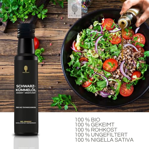 ZELLGUT© Bio SCHWARZKÜMMELÖL 250ml | rein, schonend kaltgepresst, GEKEIMT & nativ | aus original ägyptischem Schwarzkümmel | Frischegarantie: direkt vom Hersteller | 380 mg THYMOCHINON