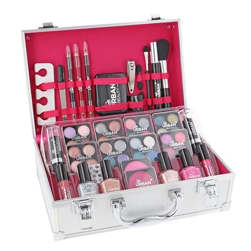 LOVE URBAN BEAUTY Dazzling Makeup Case – 60-Piece Vegan Makeup Set for Teenagers – Elegant Silver Box – Compact and Lightweight Design – Travel-Friendly Women’s Makeup Set