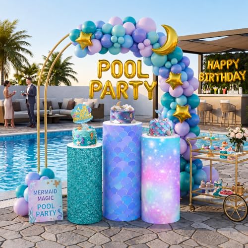 Mindsoft Set of 3 Mermaid Spandex Cylinder Stand Covers for Party, Flexible Cylinder Pedestal Covers, Jelly Fish Dessert Tables Display for Birthday Sea Party Wedding Baby Shower Backdrop Decor by Mindsoft - Used condition - Image 4