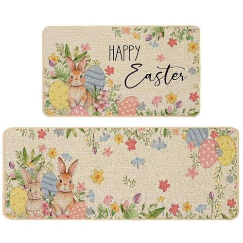 Easter Kitchen Rugs Set, 2pcs Skid Kitchen Floor Rug and Mat Spring Kitchen Rug, Standing Floor Mat for Bedroom, Living Room, Hallway(40x60+40×120cm)