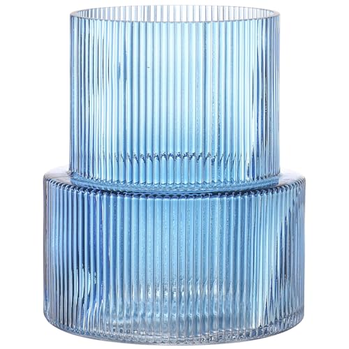 KAYLETIN Jarrón de cristal azul acanalado, vidrio estriado, flores, moderno para sala de estar, oficina, 19 cm