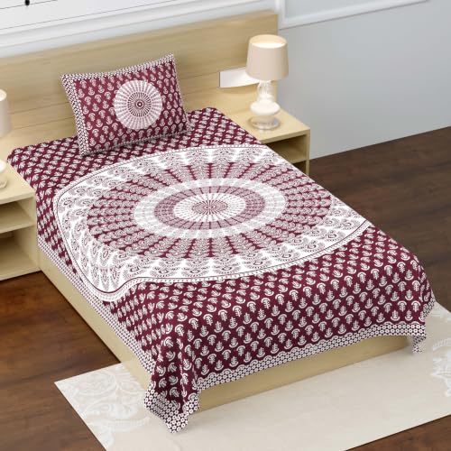 Image of RajasthaniKart Pure 100% Cotton Single Bed Sheet with 1 Pillow Cover (Bedsheet for Single Bed Cotton, Wine Mandala)