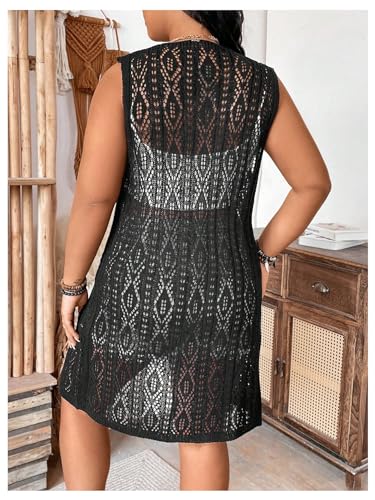 GORGLITTER Women's Plus Size Light Weight Sweater Cardigan Sleeveless Crochet Sheer See Through Long Vest Knit Tops2