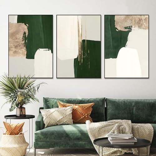 Green Gold White Abstract Wall Art Painting Set of 3