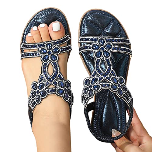 Women Rhinestone Sandals for Women,Sparkly Bling Flat Sandals with Elastic Ankle Strap,Bling Sandals for Women 2025,Crystal Bohemian Beach Sandals,Open-Toe Low Heeled Sandals3