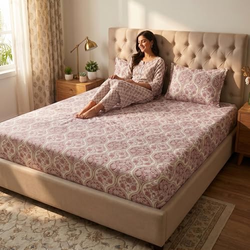 Image of Mafatlal 186 TC Grace Pure Cotton Double Size Bedsheet | 90 x 100 Inch | Soft Breathable Cotton Bed Sheet Set with 2 Pillow Covers | Ruby Red
