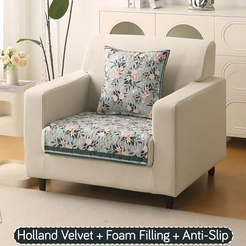 Image of HOKIPO 'Florentina Series' Premium Holland Velvet Sofa Cover Mat for 1 Seater Sofa with Foam Filling for Extra Softness, Anti-Slip Backing, Magnolia Green (IN-878-V1*1)