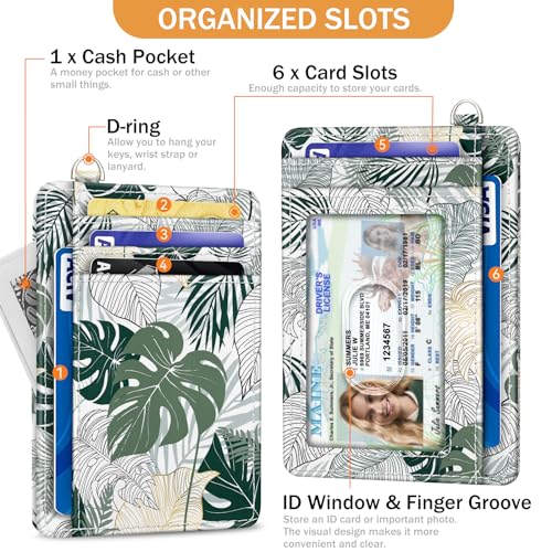 Image of Yonlevres Tropical Leaf Credit Card Holder Slim RFID Wallet Women Small | Front Pocket, Handy, RFID Blocking, Woman Girls Ladies Gifts, D-ring for Keychain,Thin Mini Card Case, ID Window, PU Leather