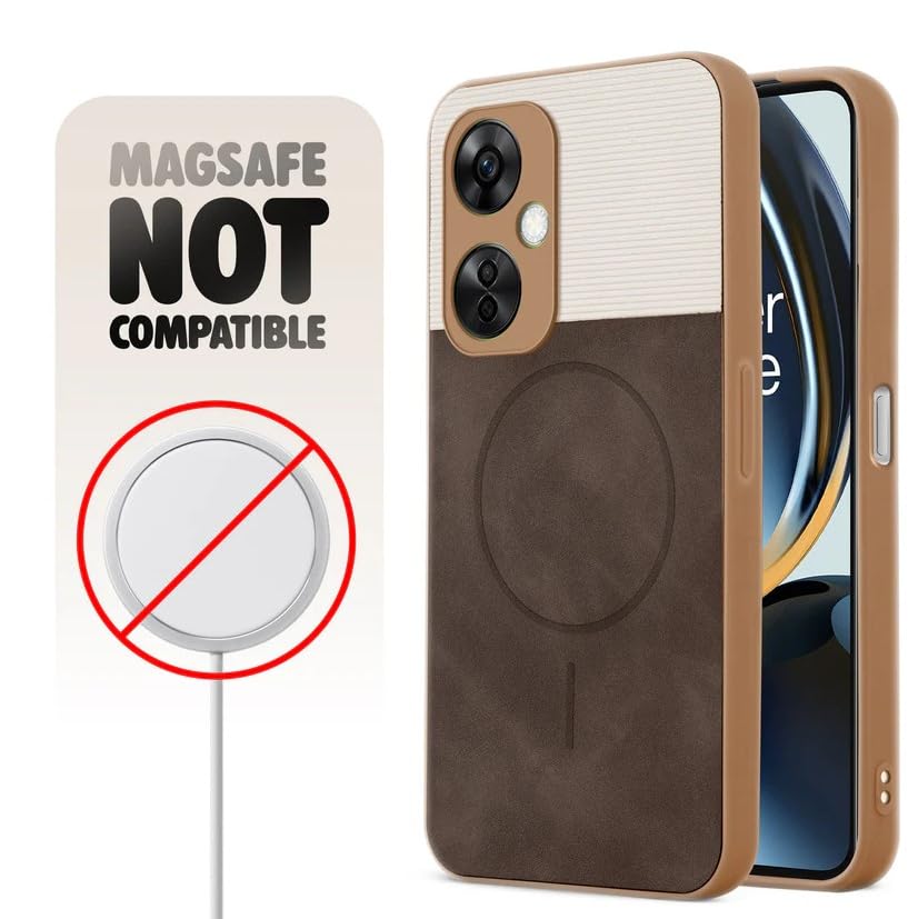 Image of Bintage CASE Mac Safe Design Hard Light Weight Back Case | Soft Border Camera Protect | Dual PU Leather Finish Back Cover Compatible for OnePlus Nord CE 3 Lite 5G - White & Cherry Brown