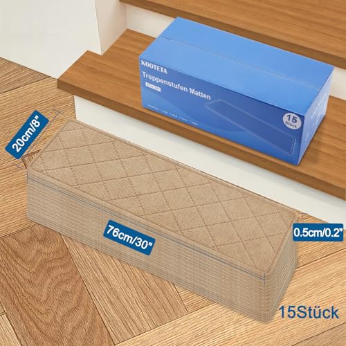 KOOTETA Teppich-Treppenstufen, rutschfest, 20x76cm (15 Pack), Teppich-Treppenläufer, wiederverwendbarer Klebstoff für alle sauberen, glatten Treppen, Stufenschutzmatte für Kinder, Beige