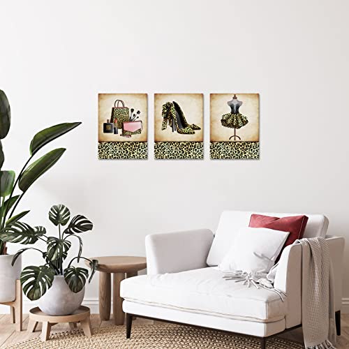Ihappywall 3 Pieces Vintage Leopard Fashion Wall Art Makeup Handbad High Heels Modern Art Posters For Girls Women Bedroom Wall Decor Stretched And Framed Ready To Hang 12X16Inchx3Pcs #TOP1