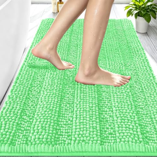 Image of Smiry Thick Small Chenille Bathroom Rugs 24x16, Soft Bath Mat, Mint Green | Quick‑Dry & Machine Washable, Non‑Slip Bath Carpet, Striped Bath Rugs for Tub & Shower, Modern Home Decor Accessories
