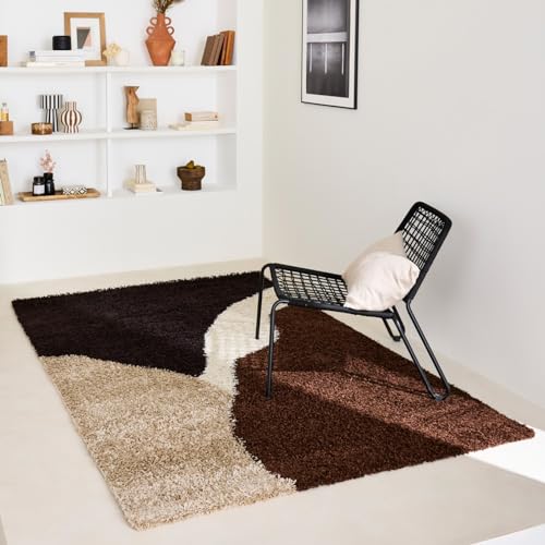 Nazar Tapis Moderne Shaggy, Creme, Marron, Poils Long, Motif geometrique, Tapis Salon, Tapis Arc (1060 Marron, 160x230 cm)