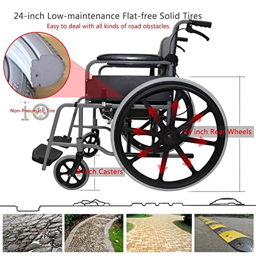 Zwahce Shower Wheelchair Commode, Rolling Commode Chair Shower Chair With 24” Rear Wheels, Self Propel Transport Wheelchair With Dual Brakes, 19” Wide Seat #TOP2