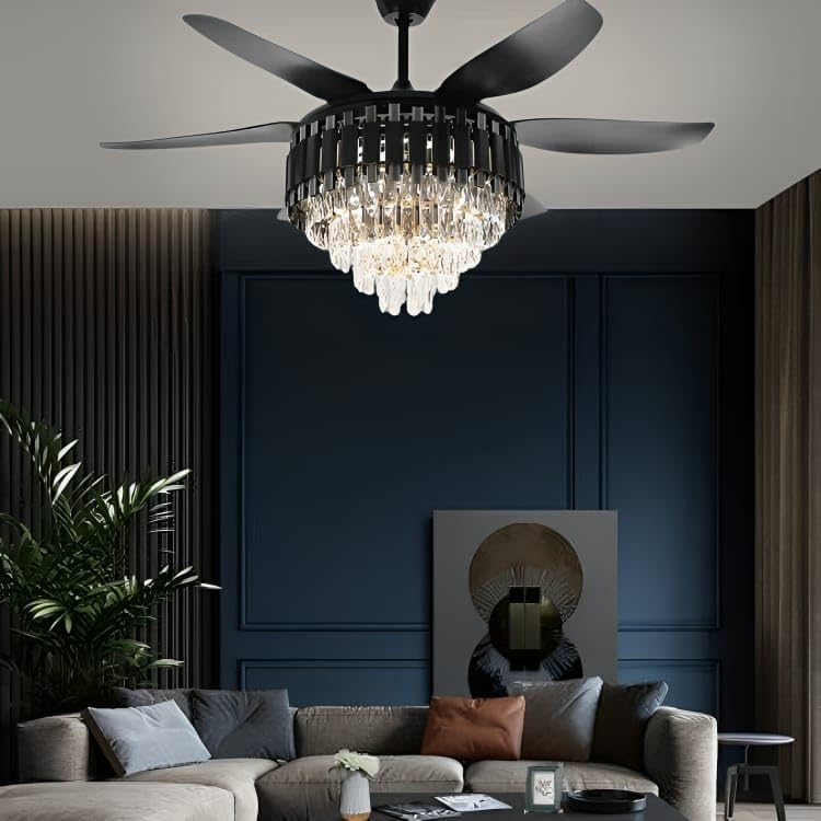 Image of Glowave 52 Inch Black Gold Crystal Chandelier Fan 3 Colors Light Speed Setting 6 Fan Blades Remote Control Ceiling Fan for Kitchen, Cafes, Hotels, Dining, Bar (Cottage)
