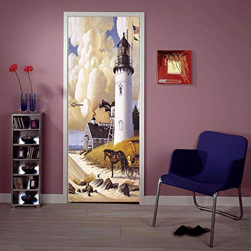 Door Sticker Wallpaper 3D English Country Lighthouse Door Mural Wall Decals Peel And Stick Removable Modern Art For Home Decor Door Decals 77Cmx200Cm #TOP5