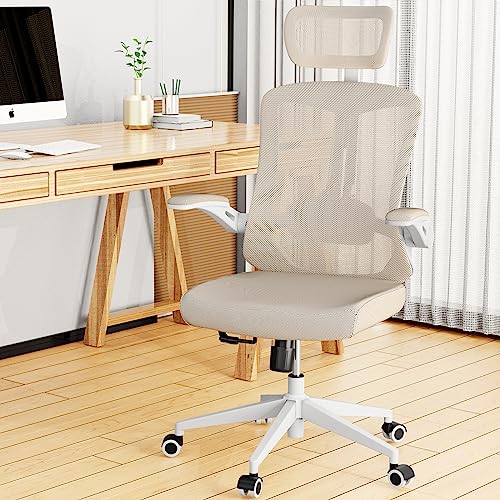 balmstar Ergonomic Office Chair, Home Office Desk Chair with Adjustable Headrest & Lumbar Support, Swivel High Back Computer Chair, Breathable Mesh Desk Chair, PU Silent Wheels, Flip-Up Arms (Khaki) balmstar Ergonomic Office Chair, Home Office Desk Chair with Adjustable Headrest & Lumbar Support, Swivel High Back Computer Chair, Breathable Mesh Desk Chair, PU Silent Wheels, Flip-Up Arms (Khaki)