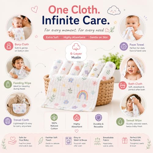 Image of Muslin 6 Layer 100% Organic Bamboo Cotton Face Towels for Newborn Baby Extra Soft Hankies Reusable Napkins for Infants Toddlers /Kids Random Print (50x25 CM Pack of 03)