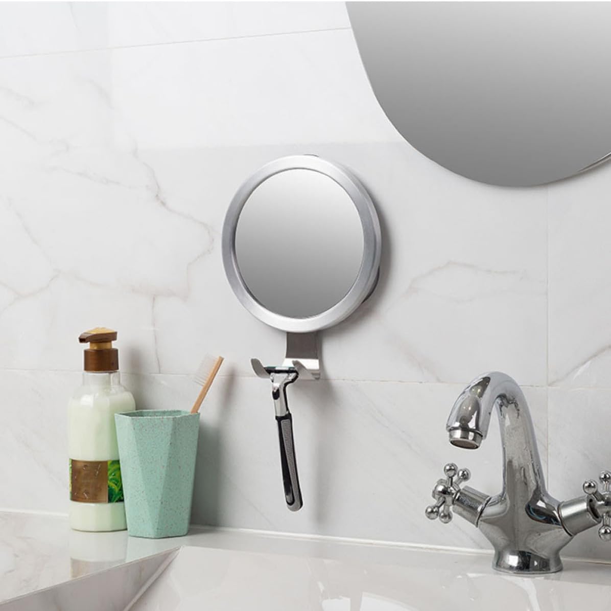 SHINEOFI Fogless Shower Mirror with Hook for Shaving and Makeup, Silver Aluminum and Stainless Steel Bathroom Mirror with Easy Installation and Removal