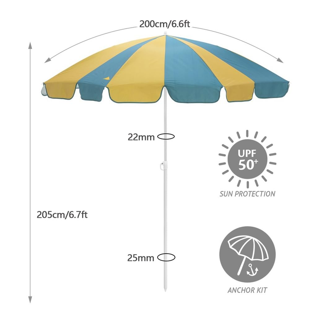 Sombrilla de playa festoneada de 200 cm, pequeña sombrilla de jardín exterior con 16 varillas, protección UV UPF50+, sombrilla redonda para piscina, terraza, patio