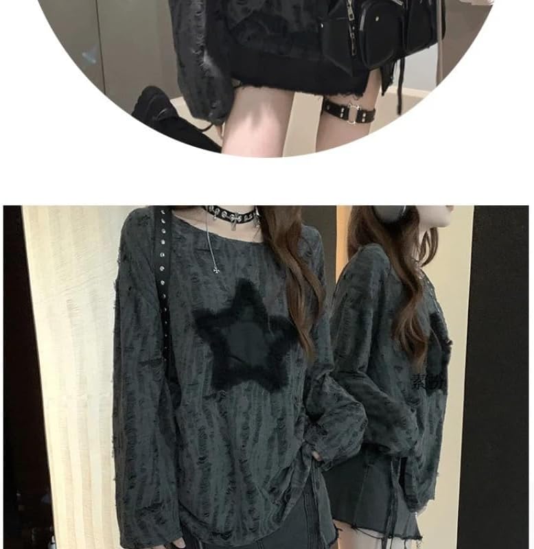 Women's T-Shirt Cold Shoulder Long Sleeve Top with Drawstring Cut Out Oversized Star Print Blouse for Women - Image 4